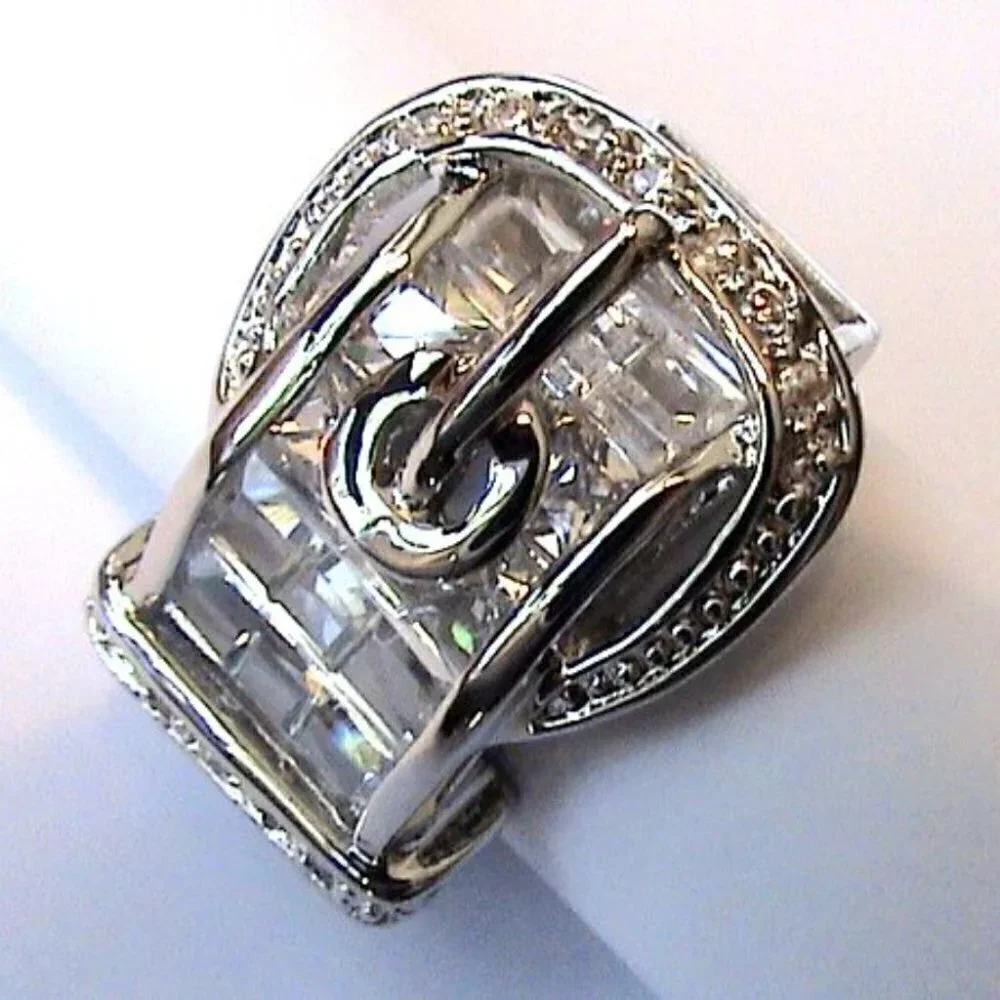 Ladies Clear Baguette Belt Buckle of Truth Cz Cubic Zirconia Silver Band Ring 8
